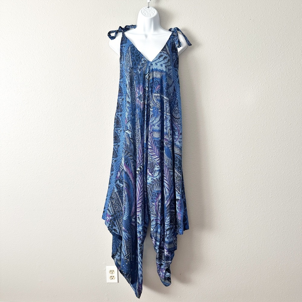 Bali Prema Gypsy Blue Batik Print Harem Jumpsuit‎ Wide Leg Handkerchief Hem OS